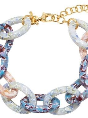 Lele Sadoughi Marbled Resin Link Bracelet in Blue, Cream & Pink with Gold Chain